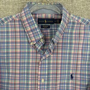 Ralph Lauren Shirt Mens L Madras Multicolor Plaid Cotton Button Front L/S Preppy